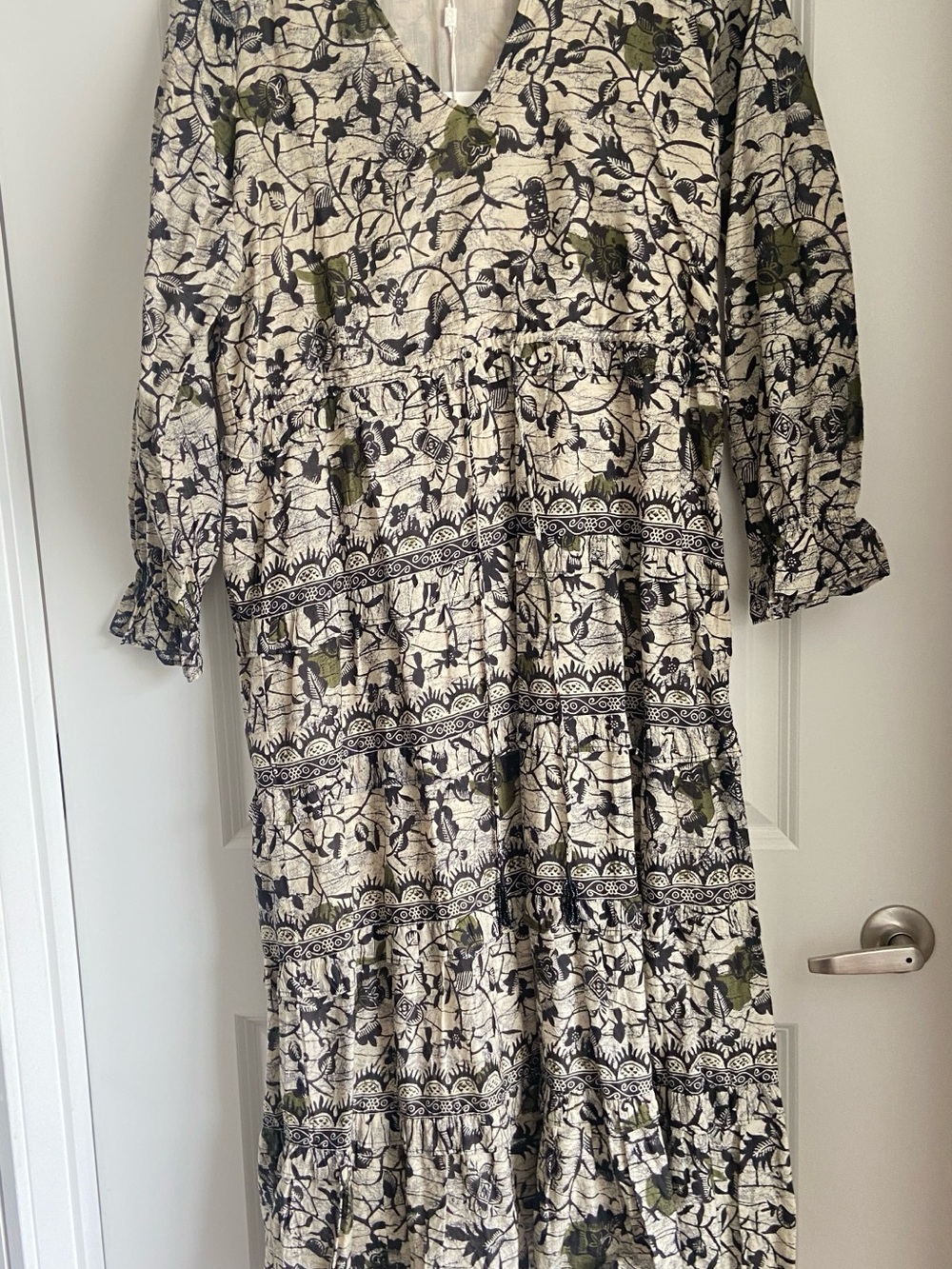 Caroline Constas Cream Maxi Dress with Black Floral and Olive Accents